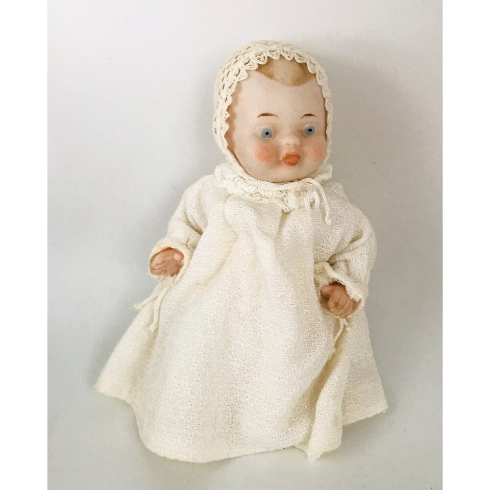 Vintage Shackman Bisque Doll Japan & Handmade Wooden Cradle Bed Miniature 5"